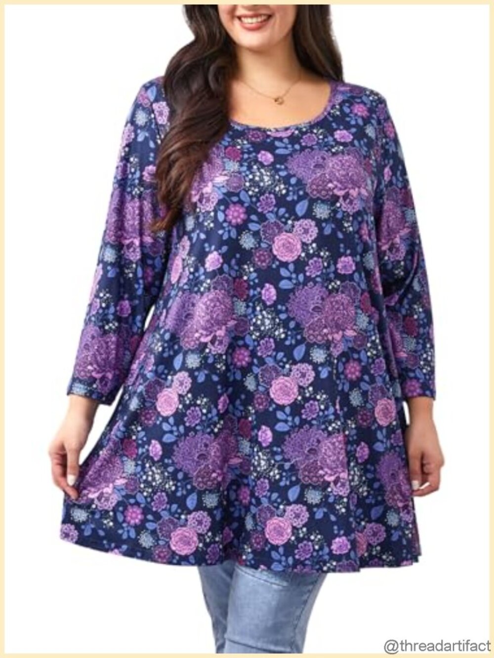 Plus Size Tunic Top 3/4 Sleeve Loose Fit Floral Swing Top for Leggings